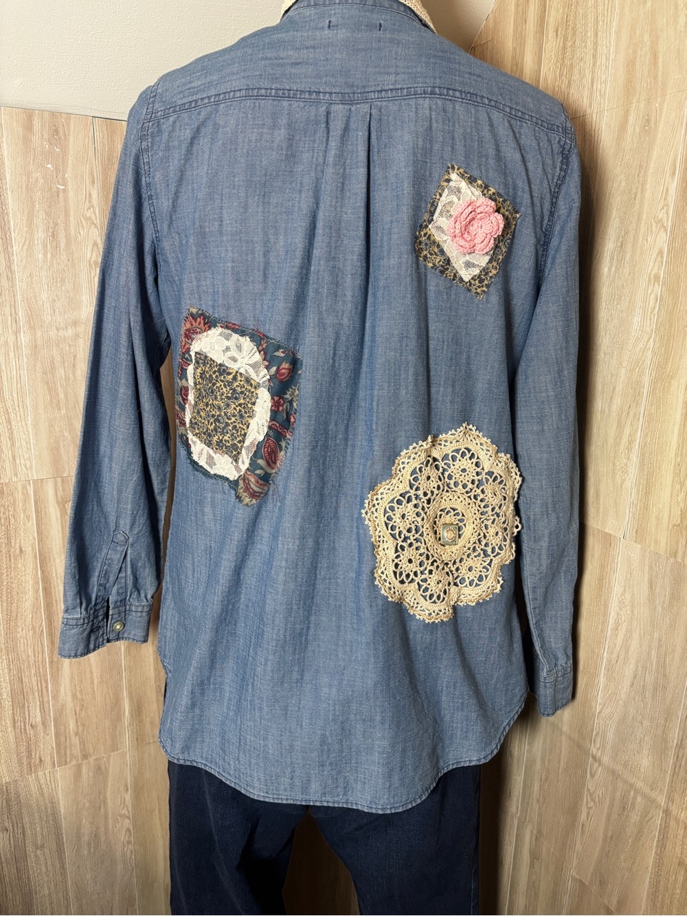Upcycled Old Navy Button-Up Shirt  Boho Cottagecore Patchwork Lace - Picture 2 of 12